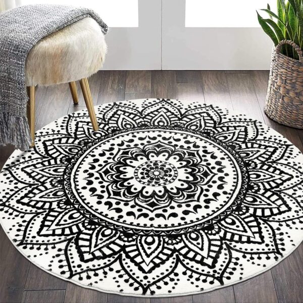 4 Ft Round Area Rug Chic Mandala  Printed Rug Non Skid Machine Washable Ultra Soft Area Mat Living Room Circle Carpet for Bedroom Playroom