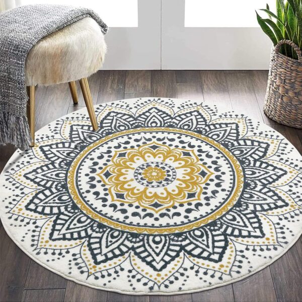 4 Ft Round Area Rug Soft Chic  Mandala Rugs Machine Washable Non Slip Indoor Sofa Floor Mat Carpet for Living Room Bedroom Nursery Decor, Yellow