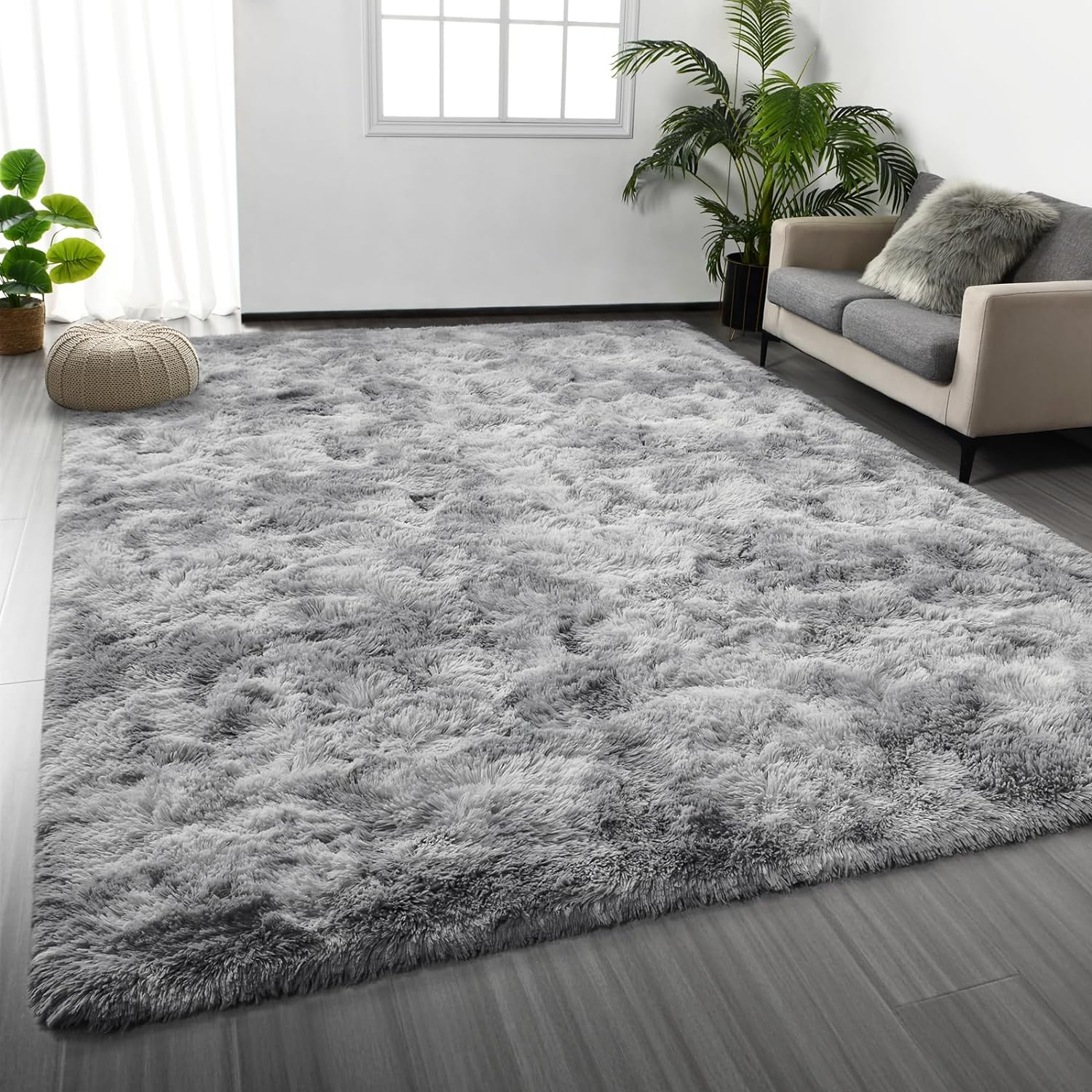 81dIropQt7L._AC_SL1500_.jpg Large Shag Area Rugs 6 x 9, Tie-Dyed Plush Fuzzy Rugs for Living Room, Ultra Soft Fluffy Furry Rugs for Bedroom, Anti-Skid Indoor Carpet Nursery Rugs for Kids Room Home Decor, Light Grey - Image 1