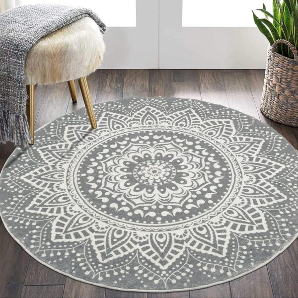 4 Ft Round Area Rug Soft Chic  Mandala Machine Washable Non Slip Indoor Sofa Floor Mat Carpet for Living Room Bedroom Nursery Decor, Grey